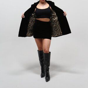 Black Velvet Blazer & Mini Skirt Set • Leopard Lined • Double Breasted • Holiday